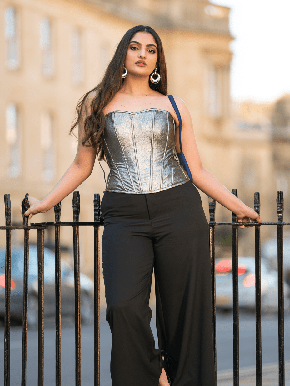 A woman leaning back against black iron railings on a Georgian street in a structured pewter metallic corset with a sweetheart neckline and visible panel seams. Worn with black wide-leg trousers, a navy bag strap across one shoulder and large silver hoop earrings, low warm sun.